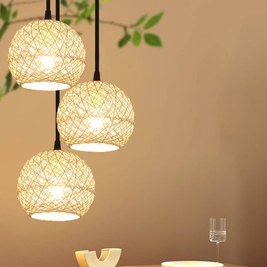 Rattan Weaving Beige Globe 1/3 Light Pendant Light