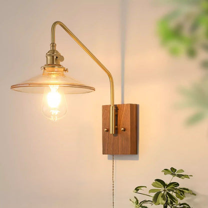 Traditional Vintage Disc Rectangular Base Glass Copper Walnut 1-Light Wall Sconce Lamp For Bedroom