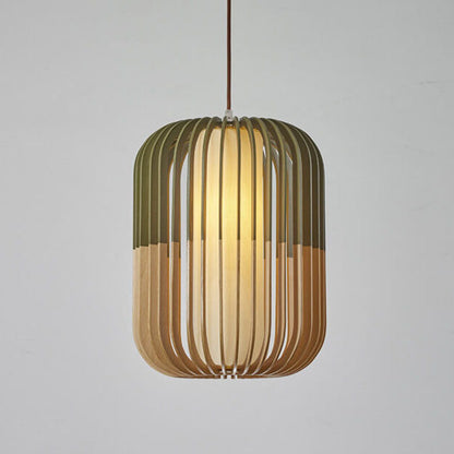 Modern Wooden Cage 1-Light Drum Pendant Light