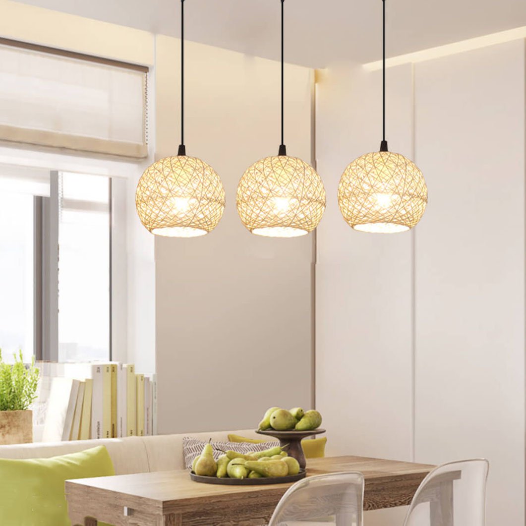 Rattan Weaving Beige Globe 1/3 Light Pendant Light