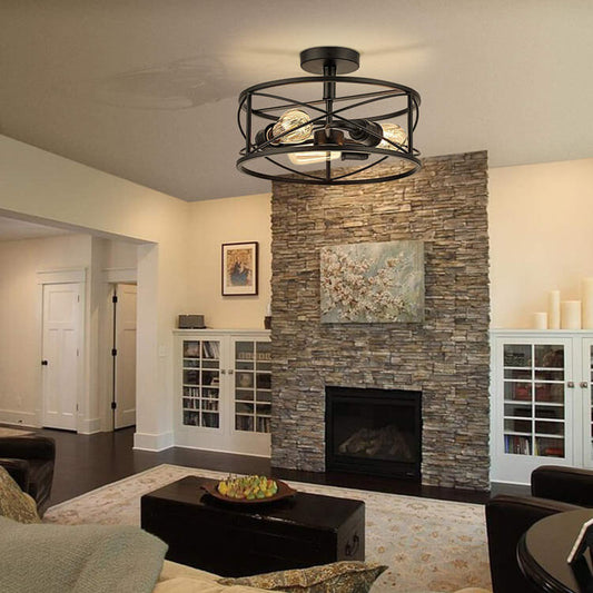 Industrial Wrought Iron 3-Light Cylindrical  Semi-Flush Mount Lighting