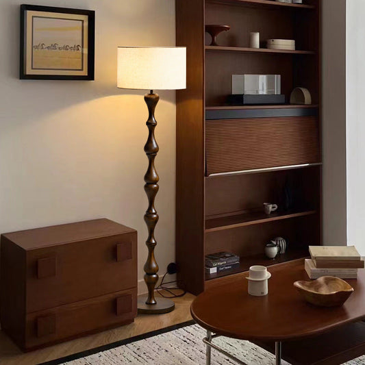 Traditional Vintage Cylindrical Solid Wood Fabric Iron 1-Light Standing Floor Lamp For Bedroom