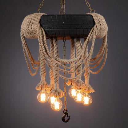 Vintage Industrial Hemp Rope Black Tire 6-Light Chandelier