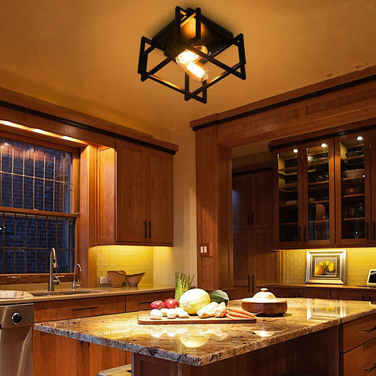 Industrial 2-Light Open Geometric Frame Flush Mount Lighting