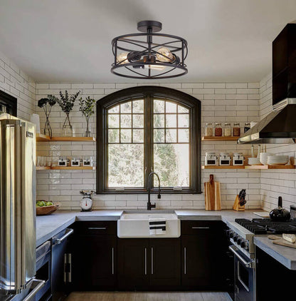 Industrial Wrought Iron 3-Light Cylindrical  Semi-Flush Mount Lighting