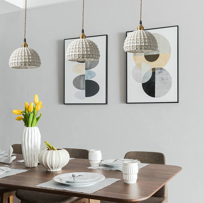 Modern Japanese Porcelain Openwork 1-Light Dome Pendant Light