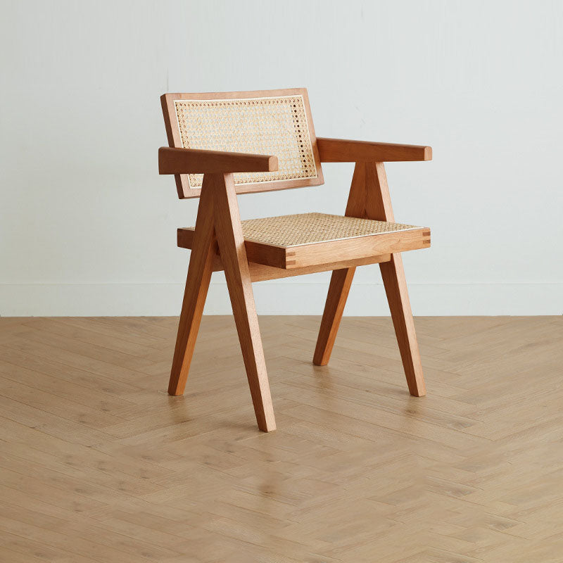 Traditional Japanese Weaving Rattan Wood Square Rectangular V Shape Frame Dining Chair Backrest Armrest For Dining Room