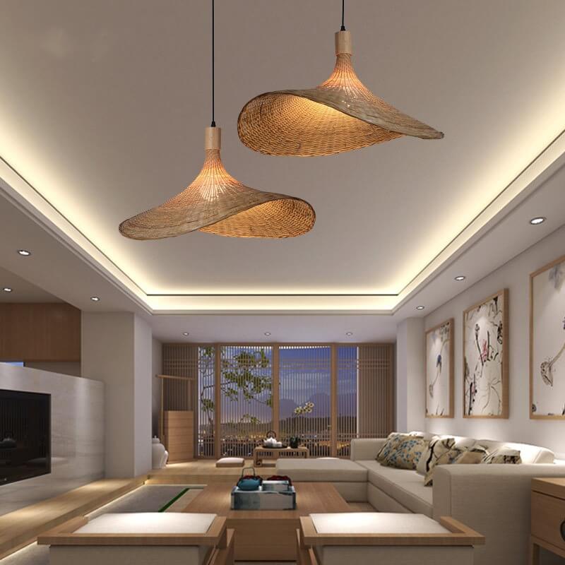 Woven Bamboo 1-Light Straw Hat Pendant Light