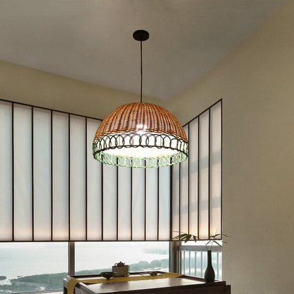 Rustic Rattan Weaving 1-Light Half Circle Pendant Light