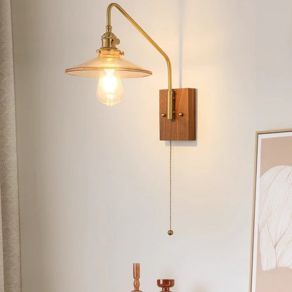 Traditional Vintage Disc Rectangular Base Glass Copper Walnut 1-Light Wall Sconce Lamp For Bedroom