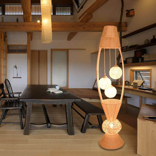 Modern Rattan Fish Shaped  4-Light with Inner Ball Shade Standing Floor Lamps