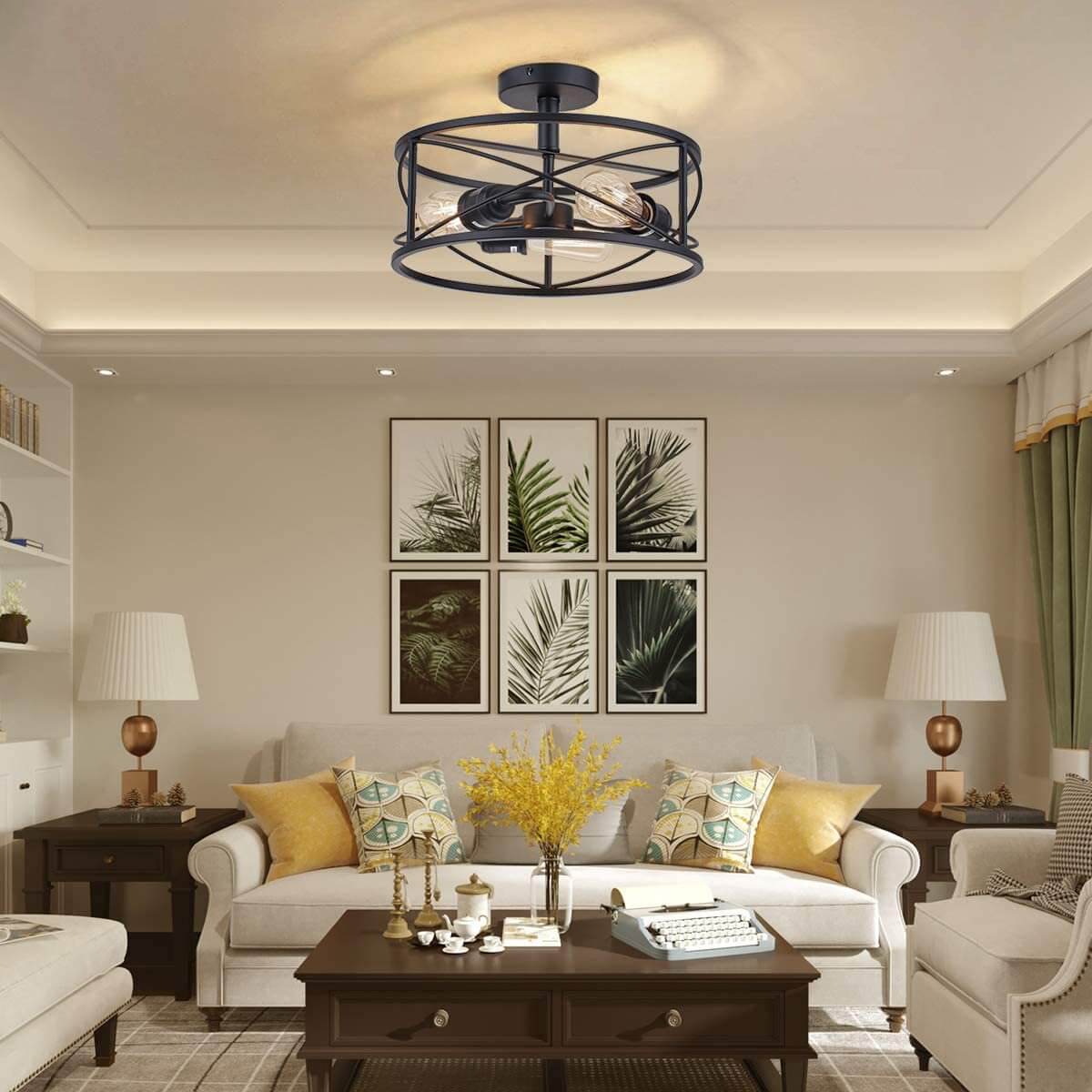 Industrial Wrought Iron 3-Light Cylindrical  Semi-Flush Mount Lighting