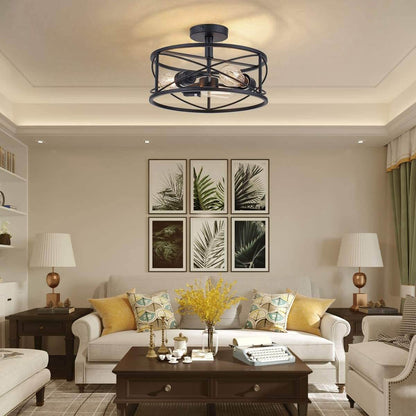 Industrial Wrought Iron 3-Light Cylindrical  Semi-Flush Mount Lighting