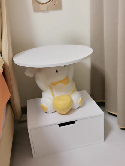 Modern Art Deco Kids Rabbit Round Plate Rectangular Drawer Resin Wood Enamel End Table 1-Drawer With LED Light For Bedroom