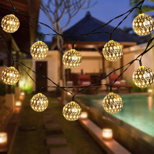 Solar-Lichterkette, marokkanische Kugeln, bunte LED-Weihnachtslichter, Eisenkugeln, Dekoration, Lichterkette für den Außenbereich 