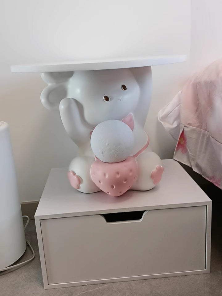 Modern Art Deco Kids Rabbit Round Plate Rectangular Drawer Resin Wood Enamel End Table 1-Drawer With LED Light For Bedroom