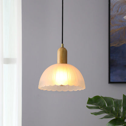 Traditional Japanese Wood Brass Glass Hemispheroid Flower 1-Light Pendant Light For Dining Room
