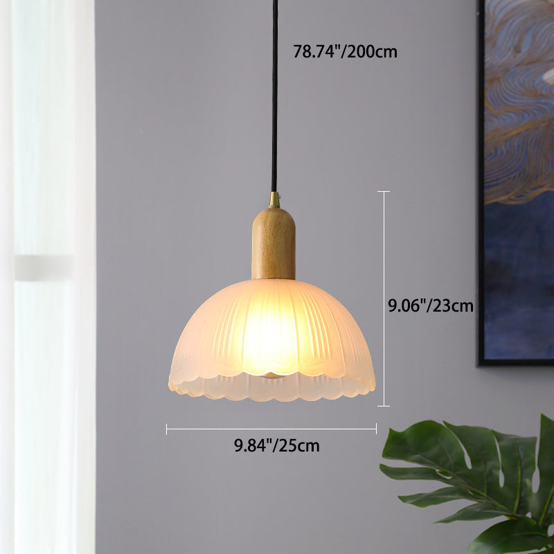 Traditional Japanese Wood Brass Glass Hemispheroid Flower 1-Light Pendant Light For Dining Room