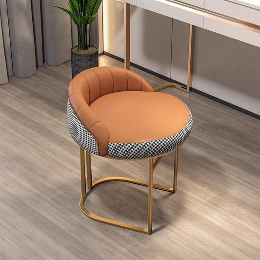 Contemporary Nordic Round Iron Faux Leather Vanity Stool Backrest Armless For Bedroom