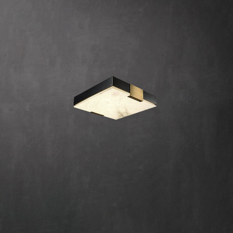 Traditional Chinese Square Marble Shade Brass Frame LED Flush Mount Ceiling Light For Living Room