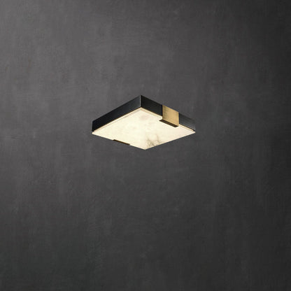 Traditional Chinese Square Marble Shade Brass Frame LED Flush Mount Ceiling Light For Living Room