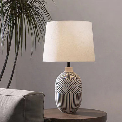 Traditional Japanese Striped Vase Base Ceramic Fabric 1-Light Table Lamp For Bedroom