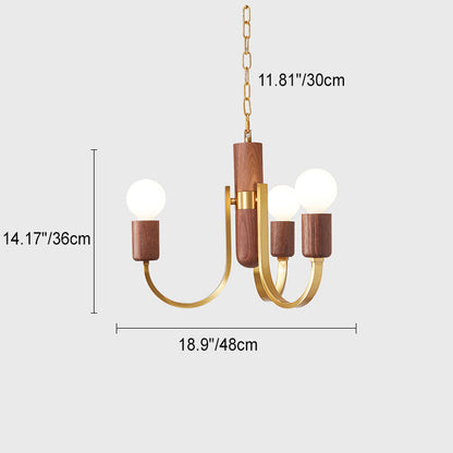 Contemporary Vintage Curved Rod Cylinder Candlestick Shape Copper Wood 3/4/5 Light Chandelier For Living Room