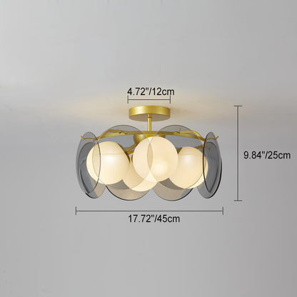 Modern Mid-Century Golden Finish Frame Glass Ball Shade 4/6-Light Semi-Flush Mount Ceiling Light For Living Room