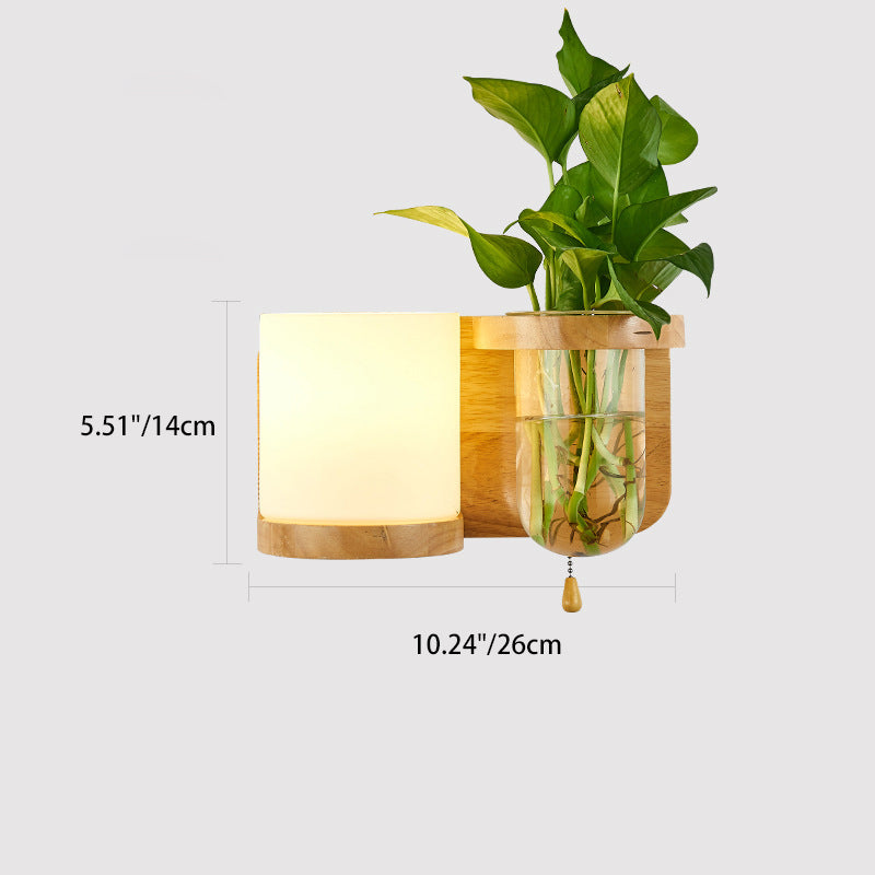 Modern Minimalist Rectangular Cylinder Orb Glass Wood 1-Light Wall Sconce Lamp For Living Room