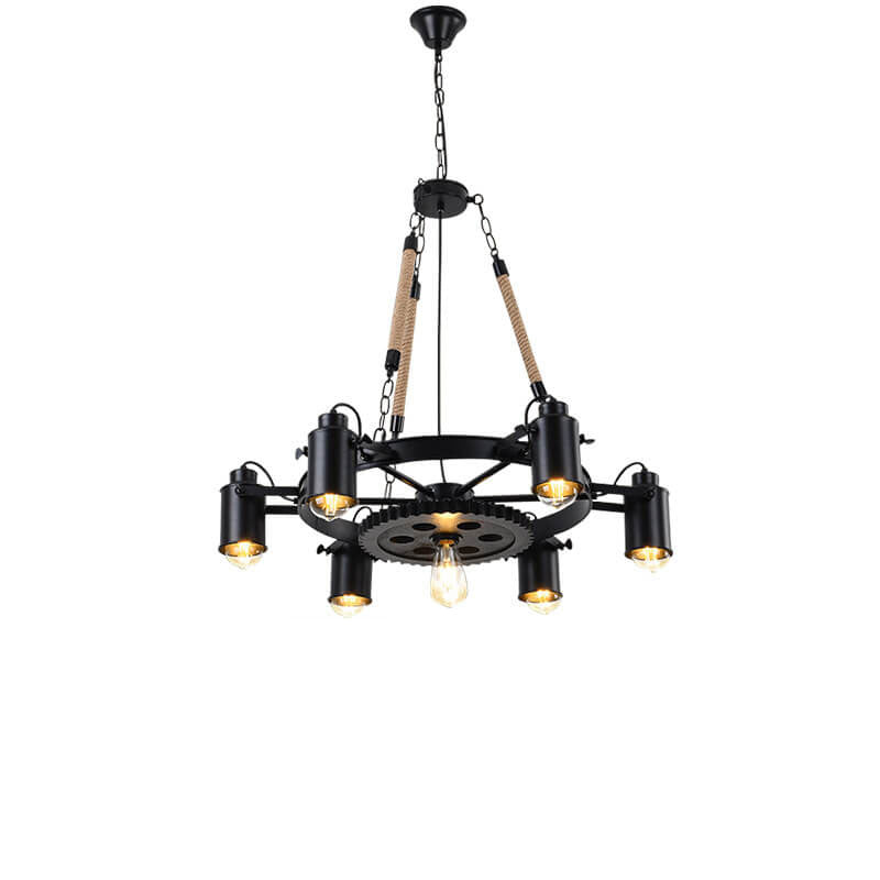 Industrial Retro Gear Wrought Ion Hemp Rope 6/8/10-Light Chandelier