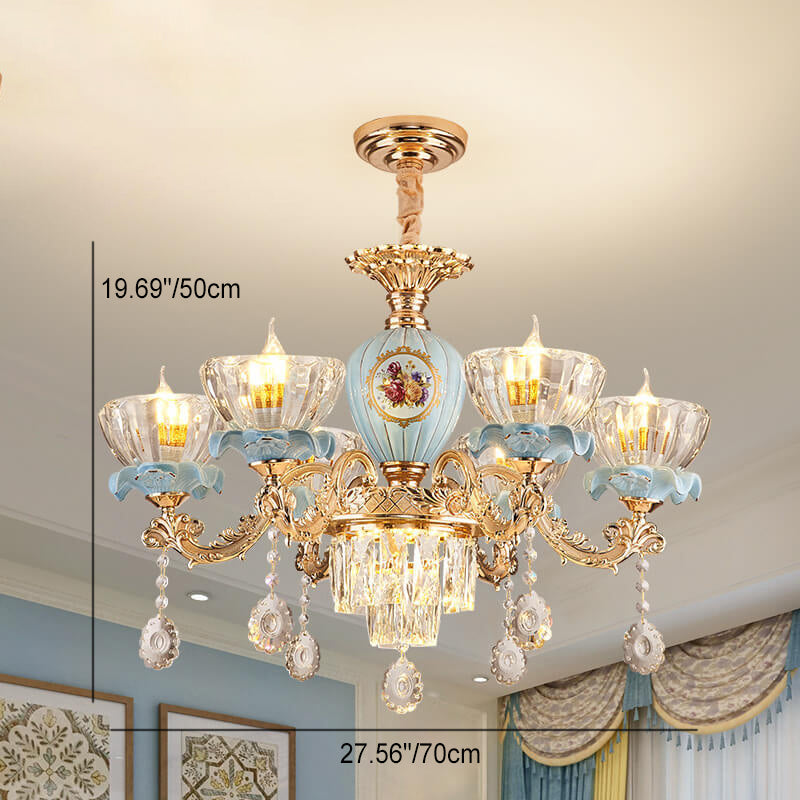 Traditional European Flower Candelabra Zinc Alloy Crystal Glass Ceramic 6/8/10/12 Light Chandelier For Living Room
