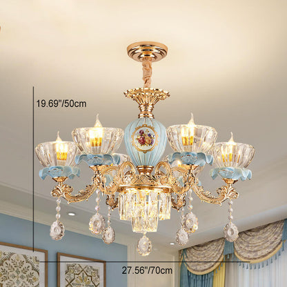 Traditional European Flower Candelabra Zinc Alloy Crystal Glass Ceramic 6/8/10/12 Light Chandelier For Living Room