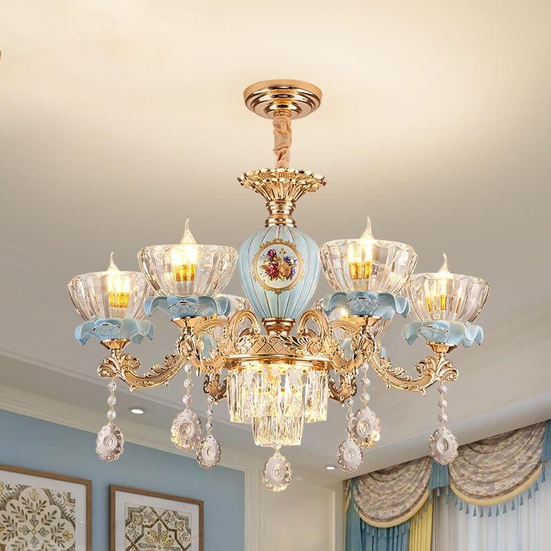 Traditional European Flower Candelabra Zinc Alloy Crystal Glass Ceramic 6/8/10/12 Light Chandelier For Living Room