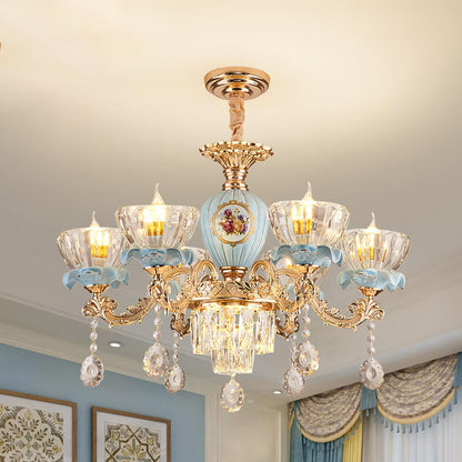 Traditional European Flower Candelabra Zinc Alloy Crystal Glass Ceramic 6/8/10/12 Light Chandelier For Living Room