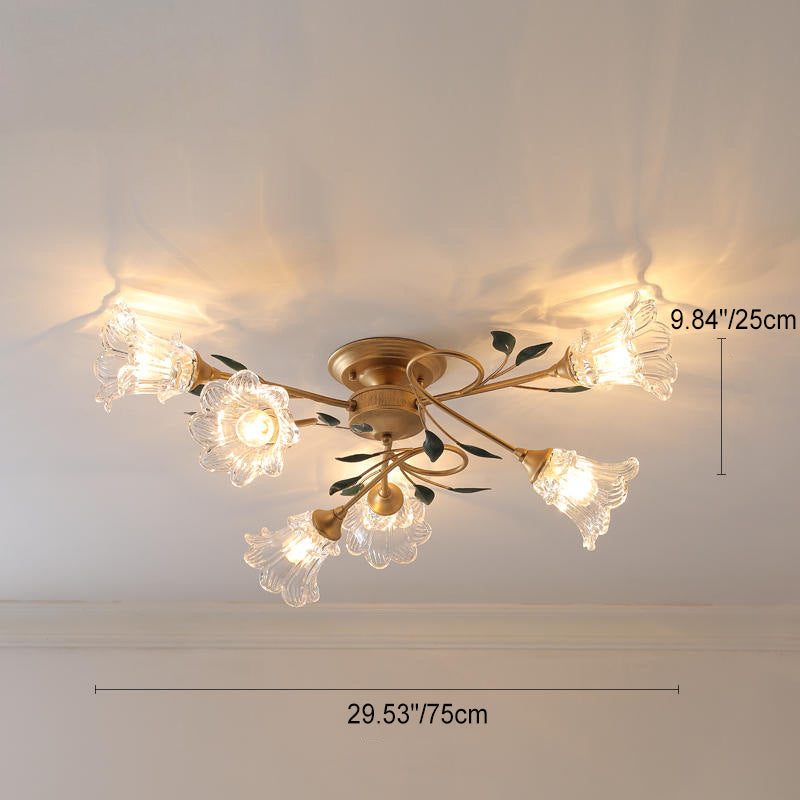Traditional European Floral Iron Glass 6/8/10 Light Semi-Flush Mount Ceiling Light For Bedroom