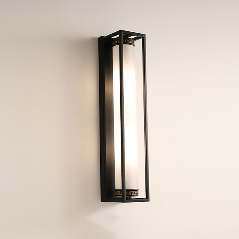 Traditional Chinese Iron Glass Rectangular Cylinder 2-Light Wall Sconce Lamp For Living Room