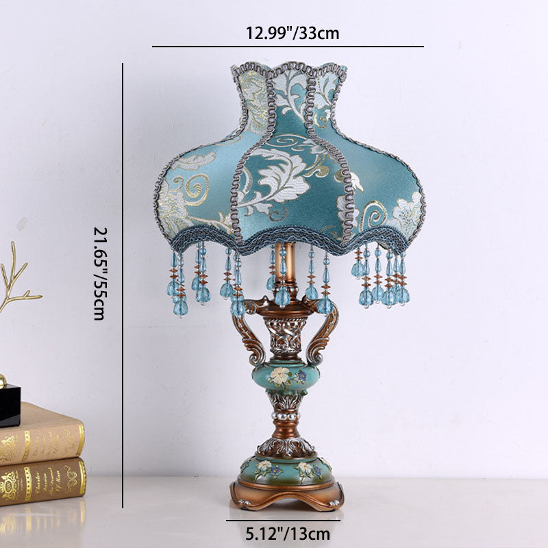 Traditional European Blue Fabric Tassel Resin 1-Light Table Lamp For Bedroom