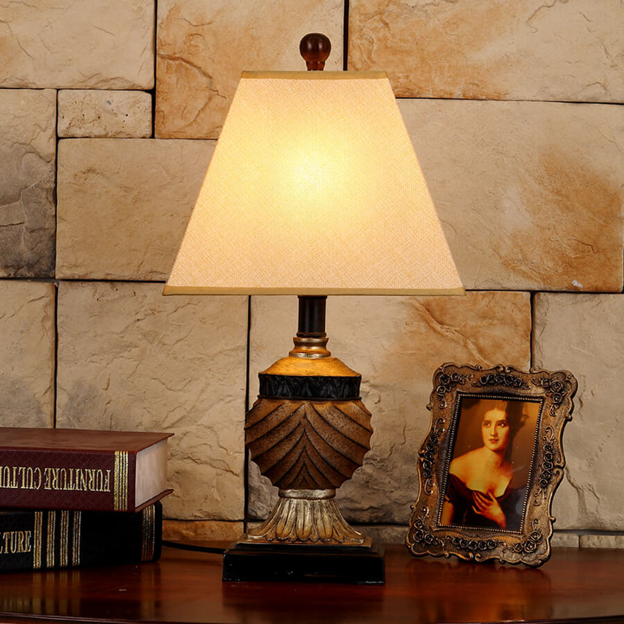 Traditional European Orb Stripe Carved Base Resin Fabric 1-Light Table Lamp For Bedroom