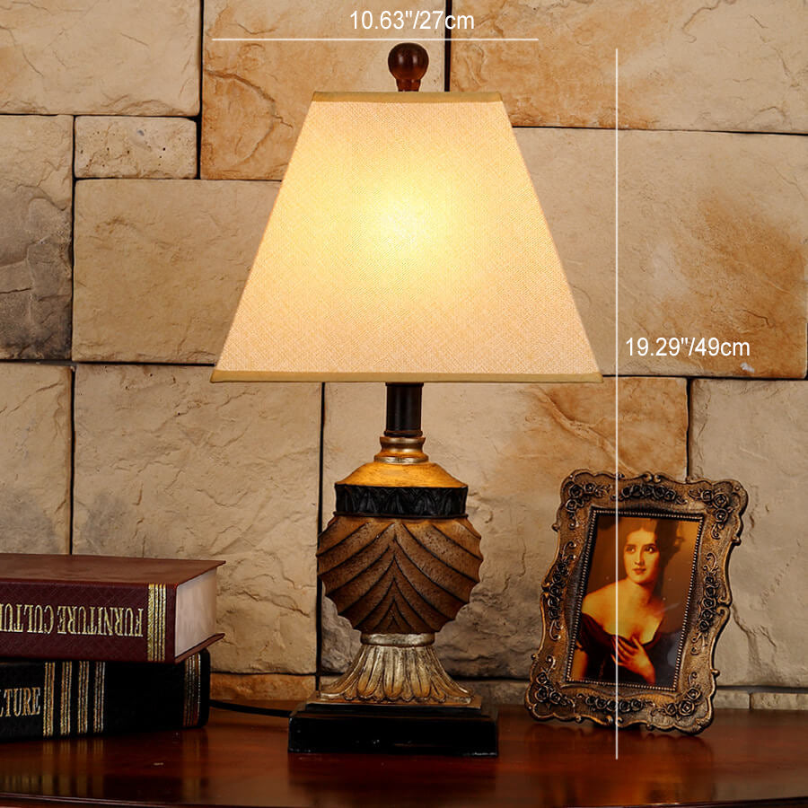 Traditional European Orb Stripe Carved Base Resin Fabric 1-Light Table Lamp For Bedroom