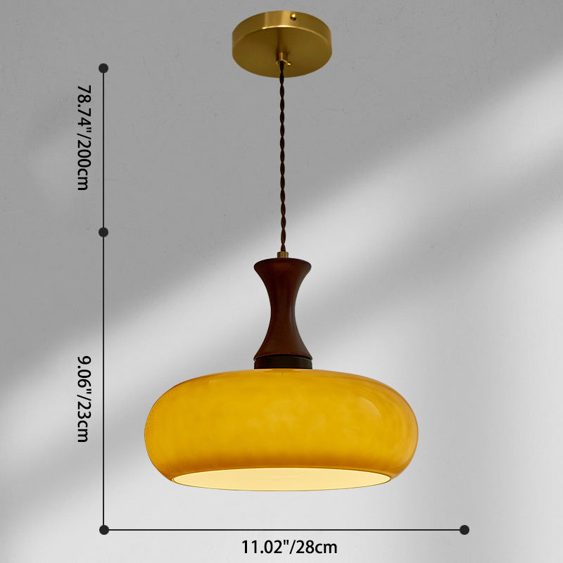 Contemporary Retro Wood Iron Glass Drum Round 1-Light Pendant Light For Dining Room