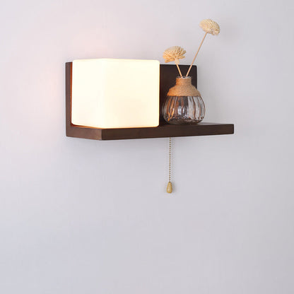 Modern Minimalist Rectangular Square Shelf Wood Glass 1-Light Wall Sconce Lamp For Bedroom