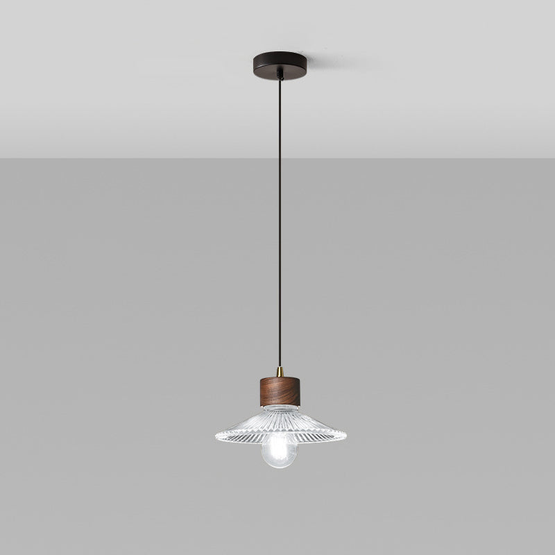 Traditional Chinese Iron Walnut Glass Conic Umbrella-Shaped 1-Light Pendant Light For Dining Room