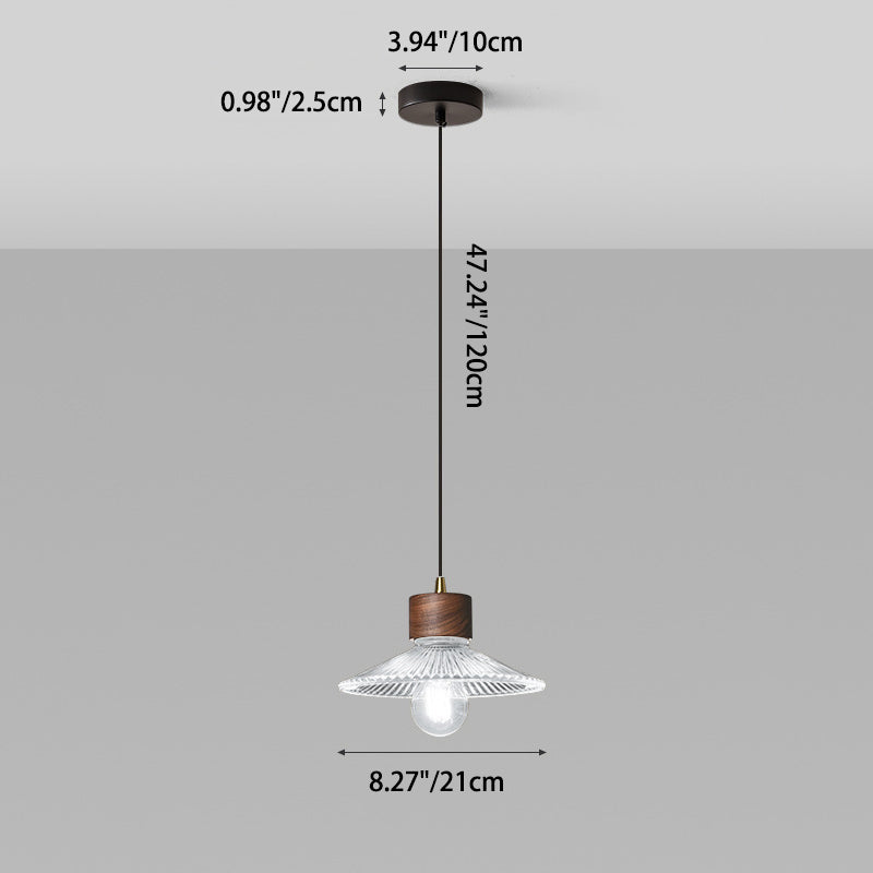 Traditional Chinese Iron Walnut Glass Conic Umbrella-Shaped 1-Light Pendant Light For Dining Room