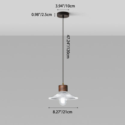 Traditional Chinese Iron Walnut Glass Conic Umbrella-Shaped 1-Light Pendant Light For Dining Room