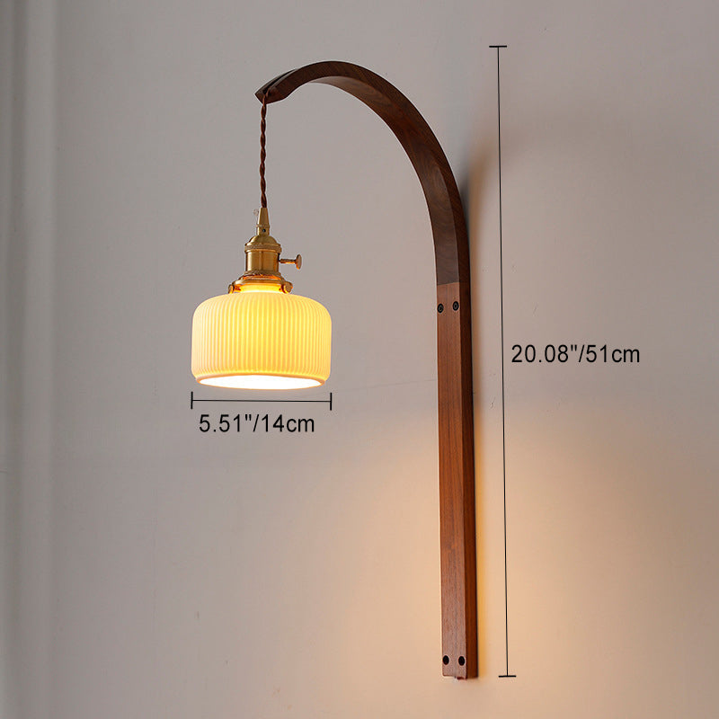 Traditional Japanese Round Ceramic Glass Shade Wood Curved Pole 1-Light Wall Sconce Lamp For Living Room