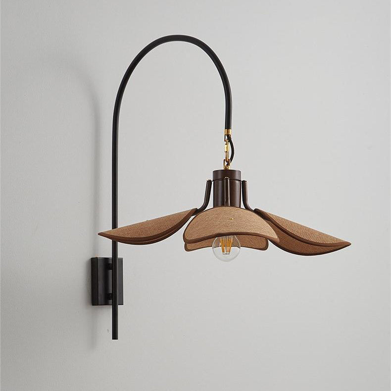 Traditional Japanese Floral Wooden Iron Fabric 1-Light Wall Sconce Lamp For Living Room