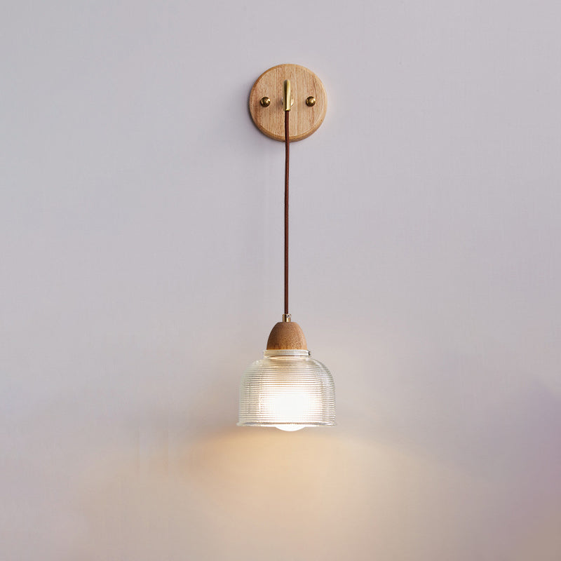 Contemporary Retro Cylinder Petal Cone Solid Wood Glass 1-Light Wall Sconce Lamp For Bedroom