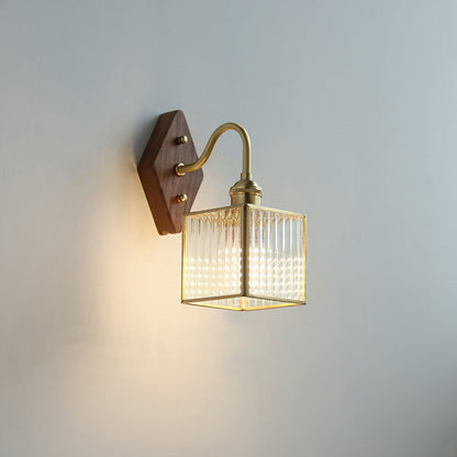 Traditional Vintage Square Copper Glass Wood 1-Light Wall Sconce Lamp For Bedroom