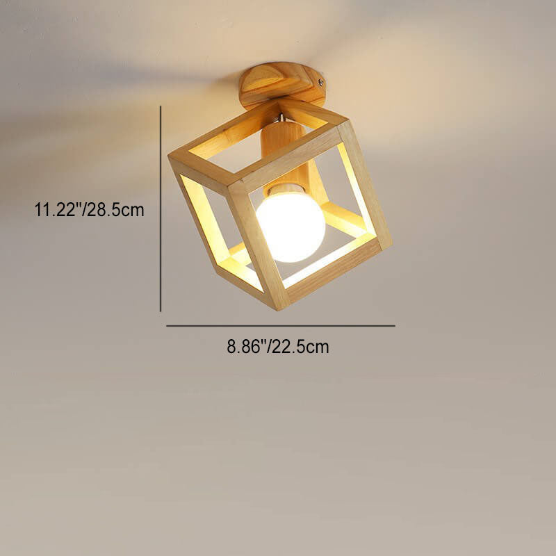 Japanese Minimalist Log Hollow Geometric Cube 1-Light Semi-Flush Mount Ceiling Light