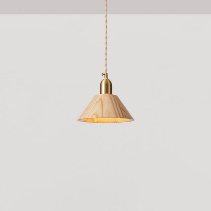 Japanese Vintage Walnut Geometric Round Cone Brass 1-Light Pendant Light